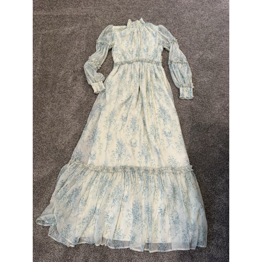 ASOS Design High Neck Maxi Dress Frill Edge Blue Floral Size 2 Coquette Cottage - Picture 10 of 13